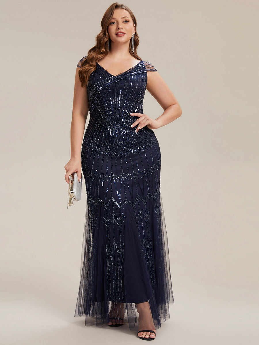 Maxil?nge Meerjungfrau Kleid V Ausschnitt T¨¹ll Verziert Pailletten Perlen #Farbe_Marineblau