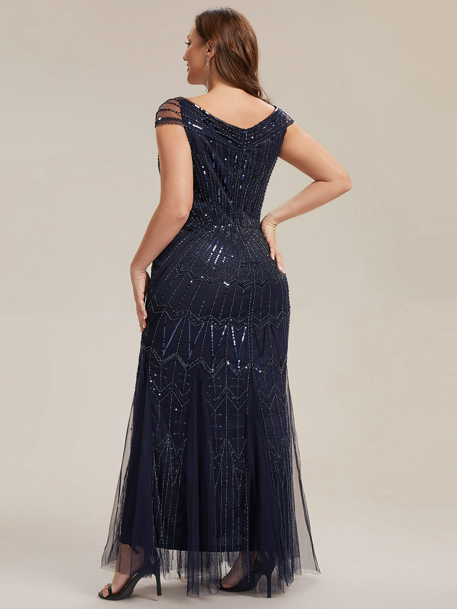 Maxil?nge Meerjungfrau Kleid V Ausschnitt T¨¹ll Verziert Pailletten Perlen #Farbe_Marineblau