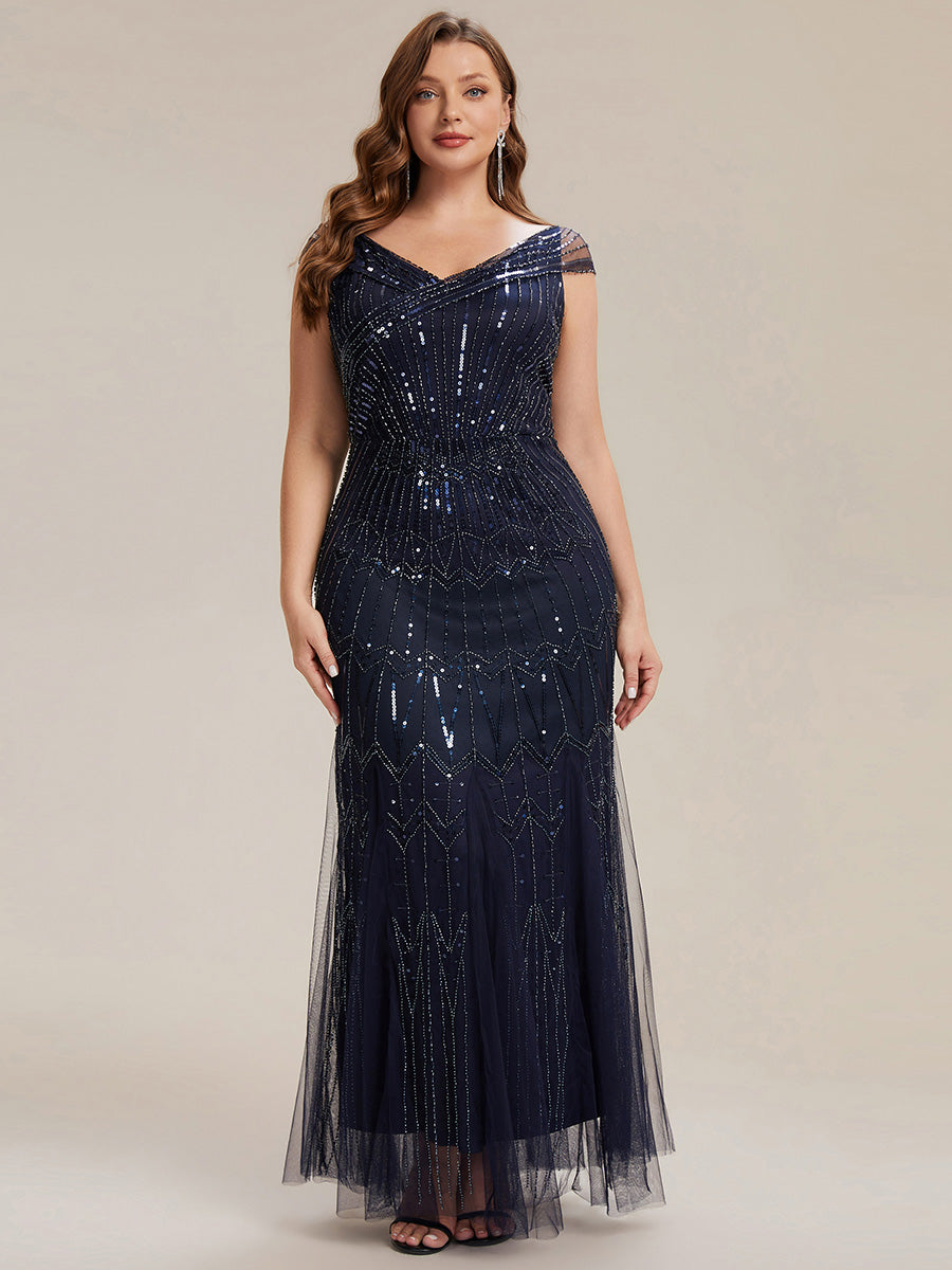 Maxil?nge Meerjungfrau Kleid V Ausschnitt T¨¹ll Verziert Pailletten Perlen #Farbe_Marineblau