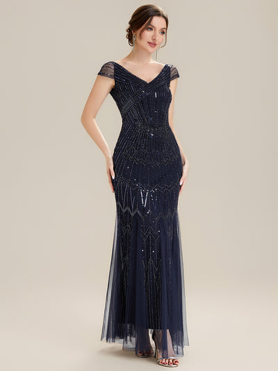 Maxil?nge Meerjungfrau Kleid V Ausschnitt T¨¹ll Verziert Pailletten Perlen #Farbe_Marineblau
