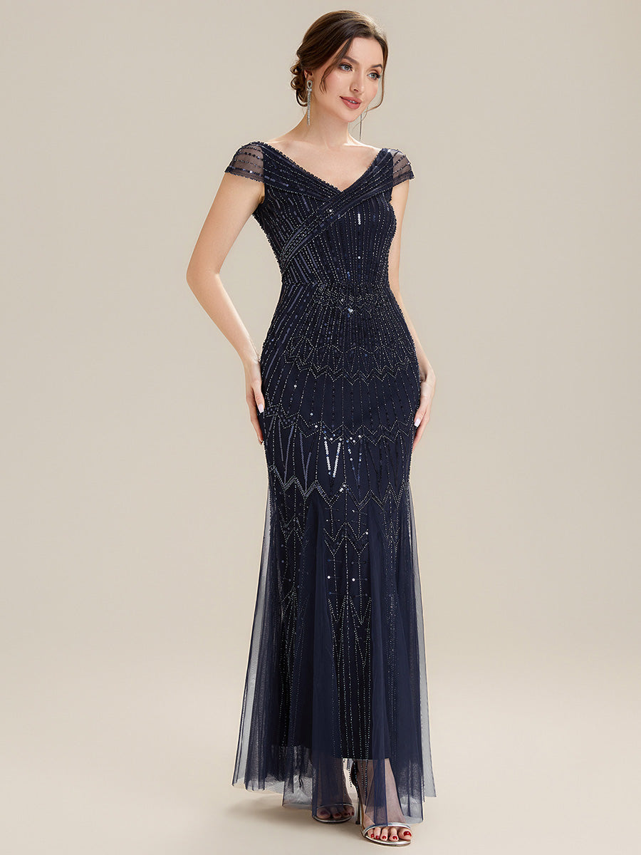 Maxil?nge Meerjungfrau Kleid V Ausschnitt T¨¹ll Verziert Pailletten Perlen #Farbe_Marineblau