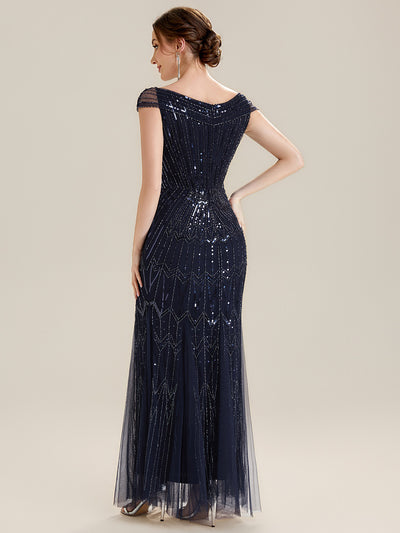 Maxil?nge Meerjungfrau Kleid V Ausschnitt T¨¹ll Verziert Pailletten Perlen #Farbe_Marineblau