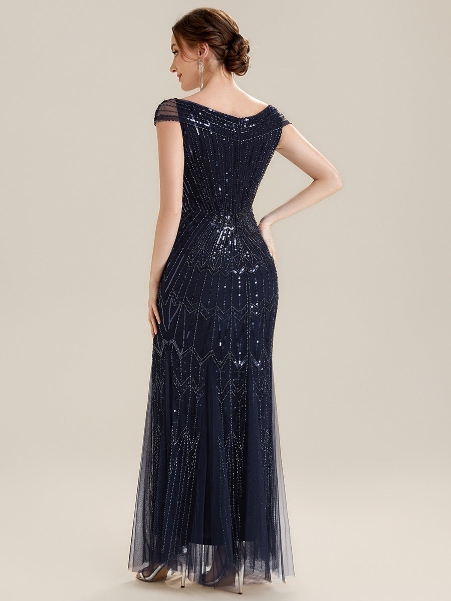 Maxil?nge Meerjungfrau Kleid V Ausschnitt T¨¹ll Verziert Pailletten Perlen #Farbe_Marineblau
