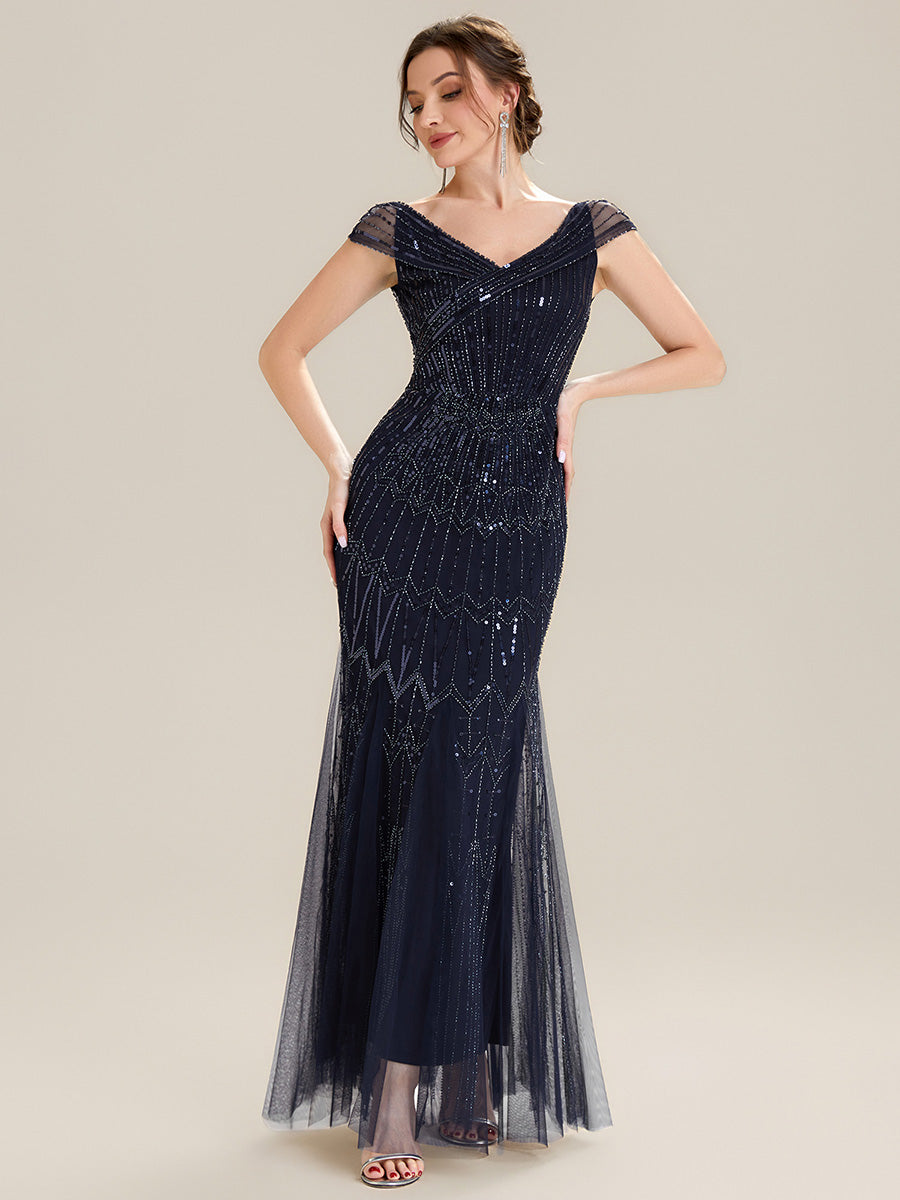 Maxil?nge Meerjungfrau Kleid V Ausschnitt T¨¹ll Verziert Pailletten Perlen #Farbe_Marineblau