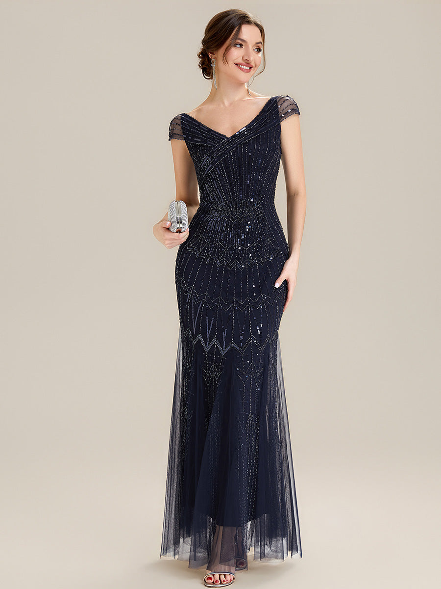 Maxil?nge Meerjungfrau Kleid V Ausschnitt T¨¹ll Verziert Pailletten Perlen #Farbe_Marineblau