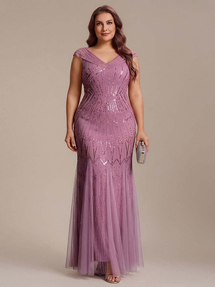 Maxil?nge Meerjungfrau Kleid V Ausschnitt T¨¹ll Verziert Pailletten Perlen #Farbe_Orchideenviolett