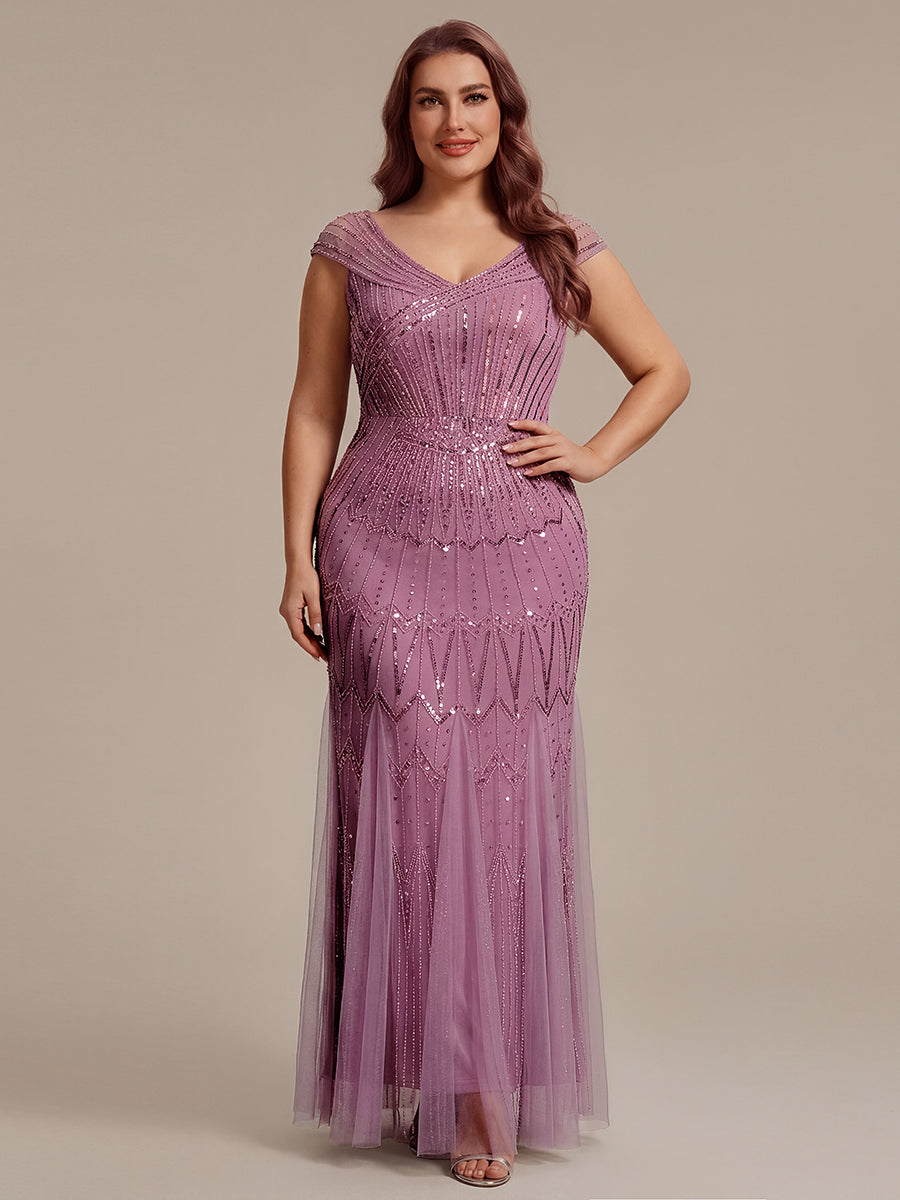 Maxil?nge Meerjungfrau Kleid V Ausschnitt T¨¹ll Verziert Pailletten Perlen #Farbe_Orchideenviolett