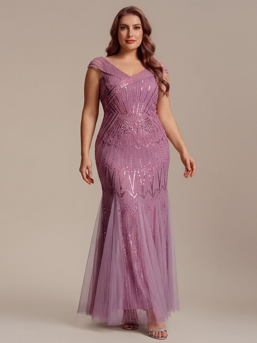 Maxil?nge Meerjungfrau Kleid V Ausschnitt T¨¹ll Verziert Pailletten Perlen #Farbe_Orchideenviolett