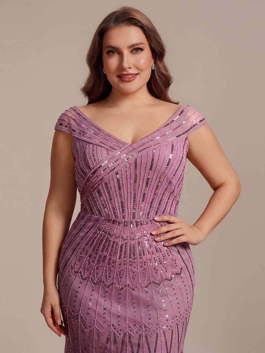 Maxil?nge Meerjungfrau Kleid V Ausschnitt T¨¹ll Verziert Pailletten Perlen #Farbe_Orchideenviolett