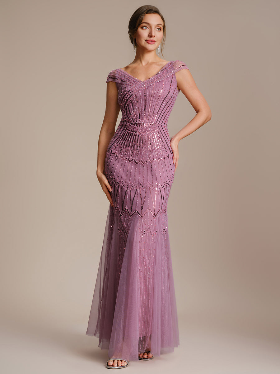 Maxil?nge Meerjungfrau Kleid V Ausschnitt T¨¹ll Verziert Pailletten Perlen #Farbe_Orchideenviolett