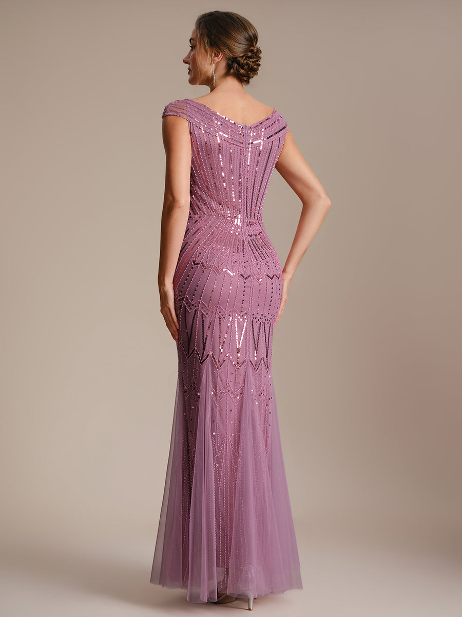 Maxil?nge Meerjungfrau Kleid V Ausschnitt T¨¹ll Verziert Pailletten Perlen #Farbe_Orchideenviolett