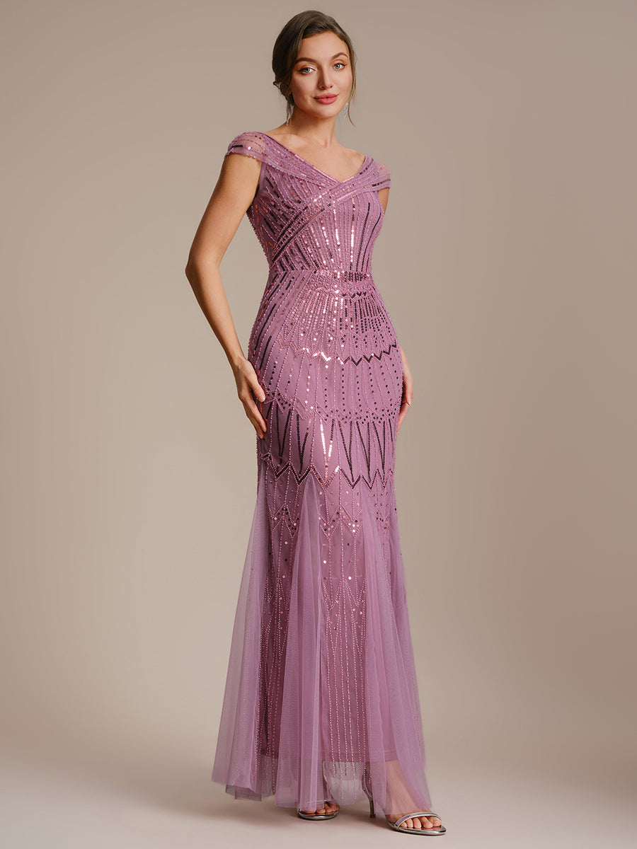Maxil?nge Meerjungfrau Kleid V Ausschnitt T¨¹ll Verziert Pailletten Perlen #Farbe_Orchideenviolett