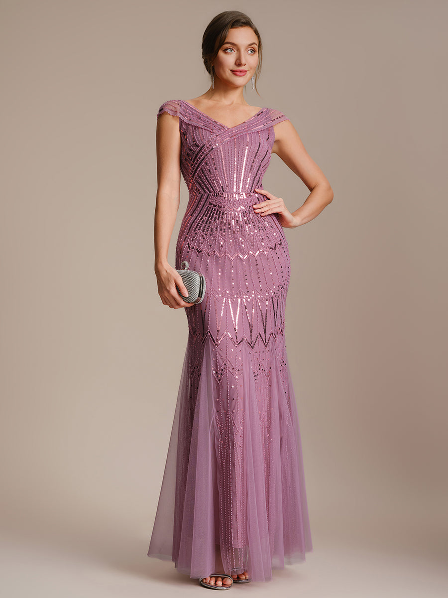 Maxil?nge Meerjungfrau Kleid V Ausschnitt T¨¹ll Verziert Pailletten Perlen #Farbe_Orchideenviolett