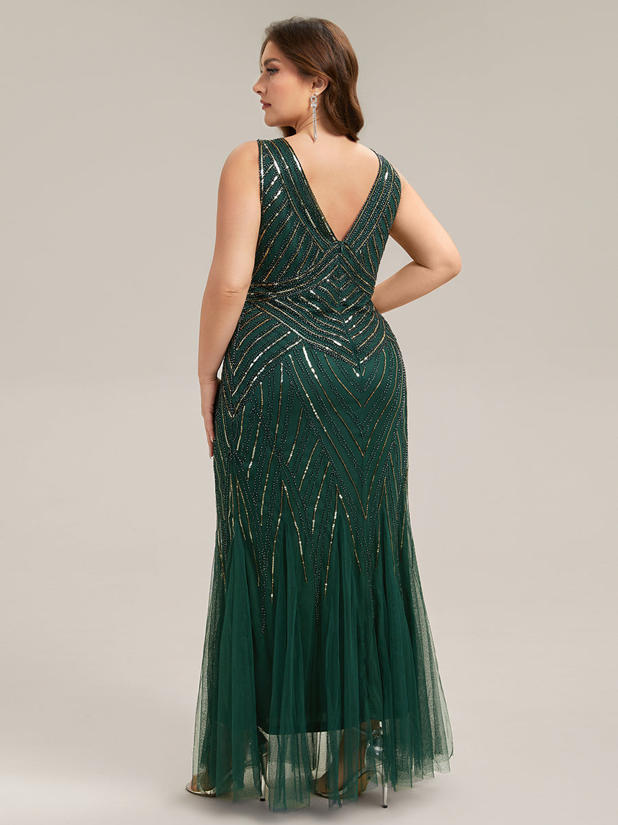 Tüll Bodenlang Ärmellos Zeitgemäßes Produktdetail Design Ausführung Moderne abendkleid #Farbe_Dunkelgrün