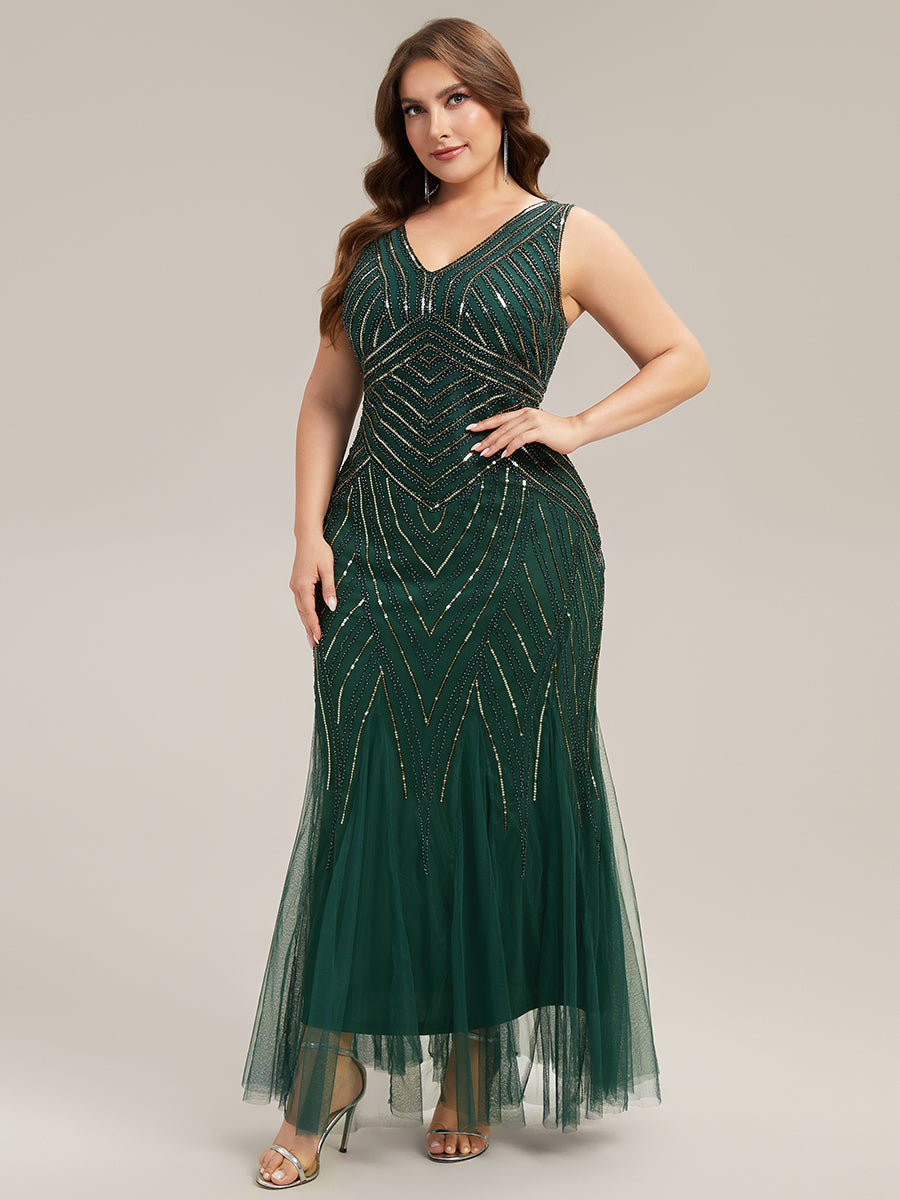 Tüll Bodenlang Ärmellos Zeitgemäßes Produktdetail Design Ausführung Moderne abendkleid #Farbe_Dunkelgrün