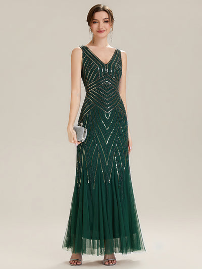 Tüll Bodenlang Ärmellos Zeitgemäßes Produktdetail Design Ausführung Moderne abendkleid #Farbe_Dunkelgrün