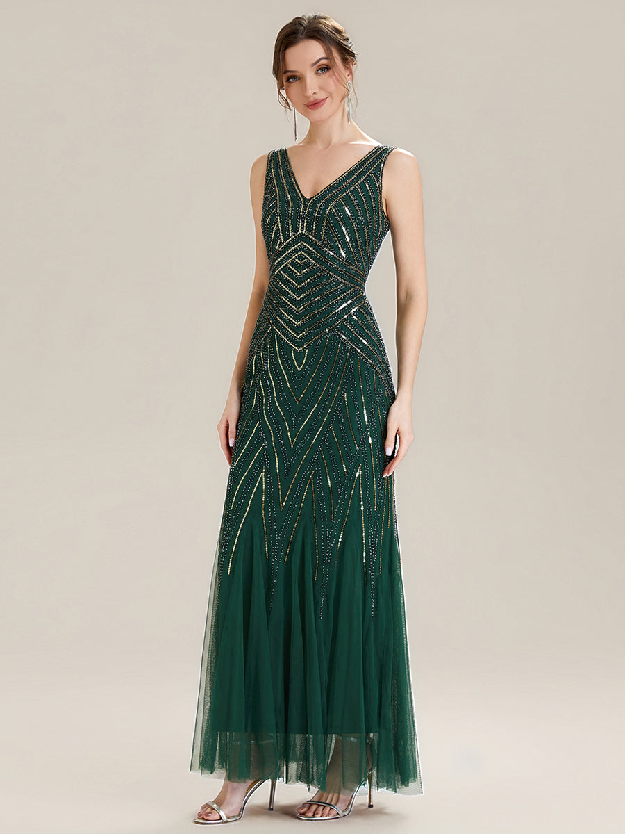 Tüll Bodenlang Ärmellos Zeitgemäßes Produktdetail Design Ausführung Moderne abendkleid #Farbe_Dunkelgrün