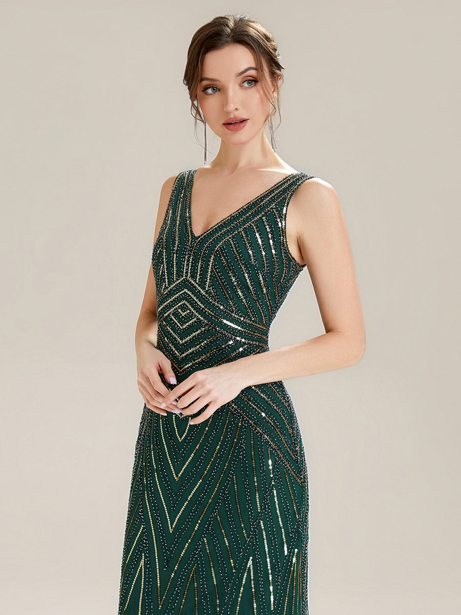 Tüll Bodenlang Ärmellos Zeitgemäßes Produktdetail Design Ausführung Moderne abendkleid #Farbe_Dunkelgrün