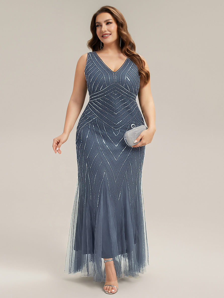 Tüll Bodenlang Ärmellos Zeitgemäßes Produktdetail Design Ausführung Moderne abendkleid #Farbe_Taubenblau