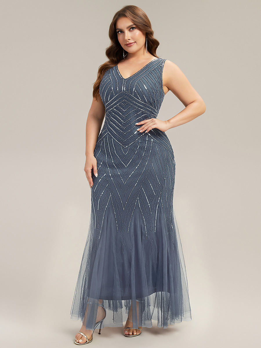Tüll Bodenlang Ärmellos Zeitgemäßes Produktdetail Design Ausführung Moderne abendkleid #Farbe_Taubenblau