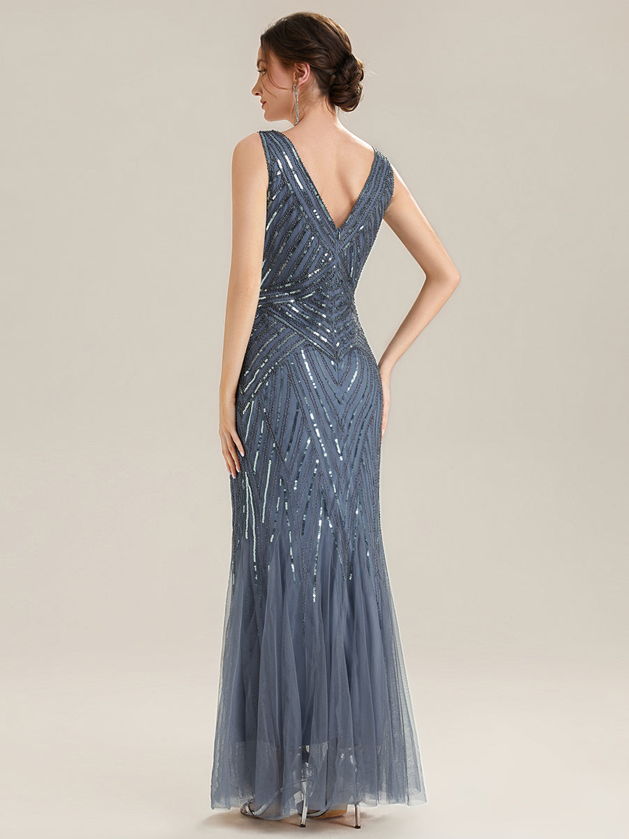 Tüll Bodenlang Ärmellos Zeitgemäßes Produktdetail Design Ausführung Moderne abendkleid #Farbe_Taubenblau