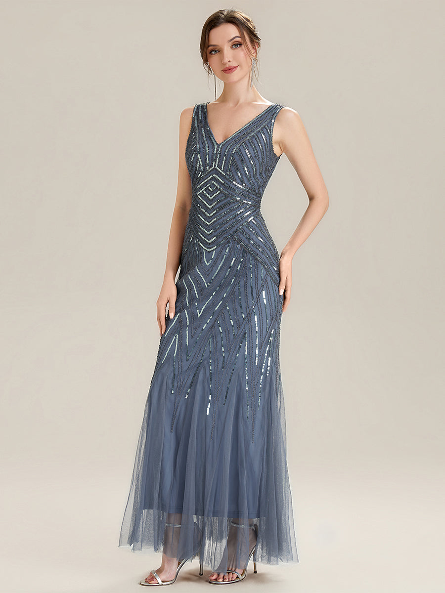 Tüll Bodenlang Ärmellos Zeitgemäßes Produktdetail Design Ausführung Moderne abendkleid #Farbe_Taubenblau