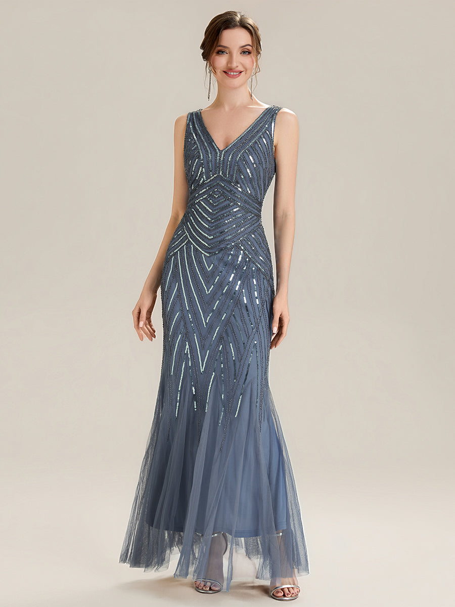 Tüll Bodenlang Ärmellos Zeitgemäßes Produktdetail Design Ausführung Moderne abendkleid #Farbe_Taubenblau