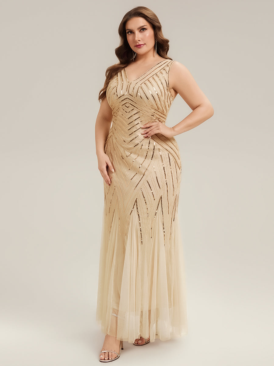 Tüll Bodenlang Ärmellos Zeitgemäßes Produktdetail Design Ausführung Moderne abendkleid #Farbe_Gold