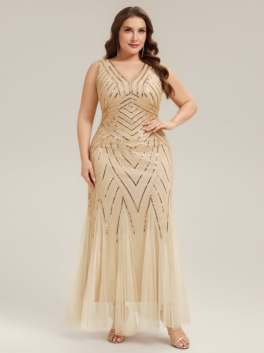 Tüll Bodenlang Ärmellos Zeitgemäßes Produktdetail Design Ausführung Moderne abendkleid #Farbe_Gold