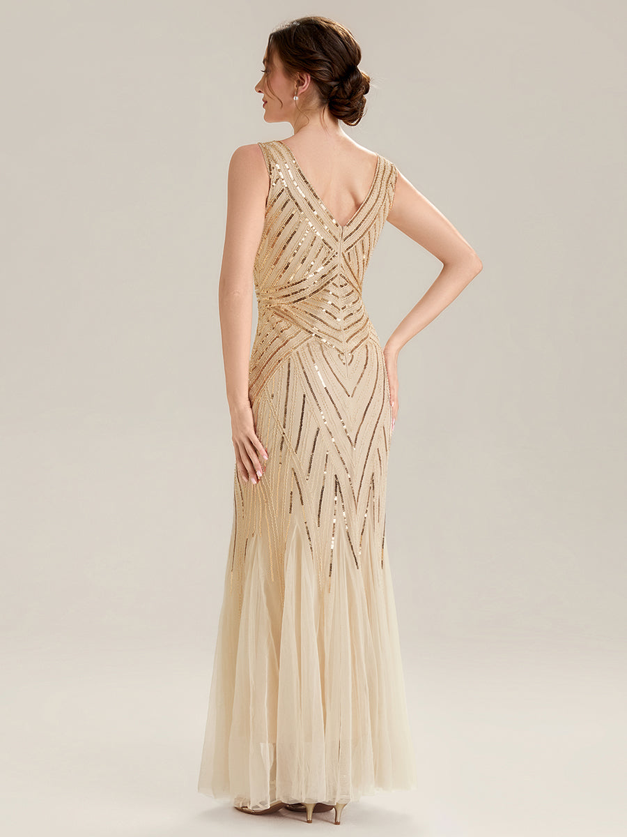 Tüll Bodenlang Ärmellos Zeitgemäßes Produktdetail Design Ausführung Moderne abendkleid #Farbe_Gold
