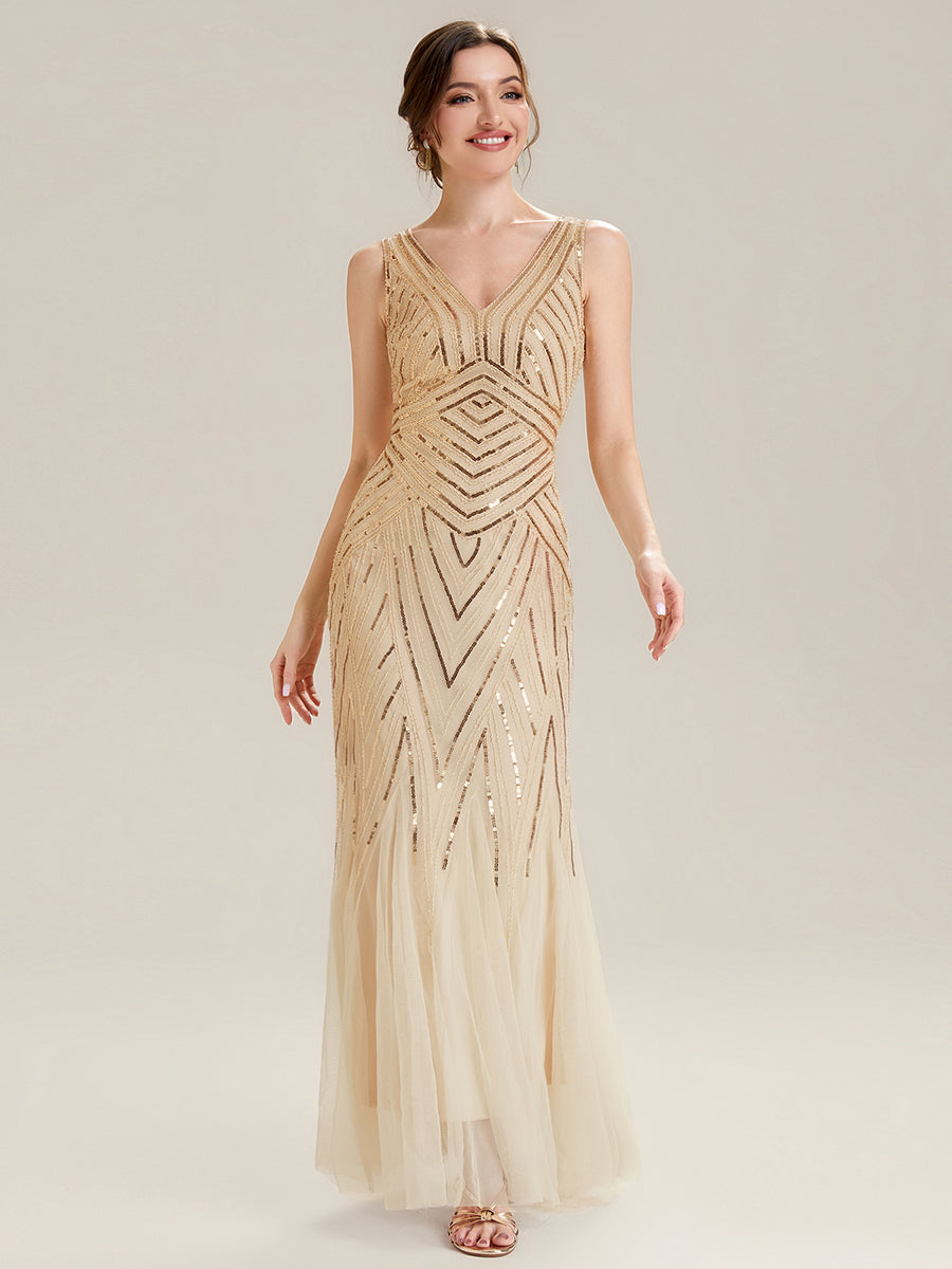 Tüll Bodenlang Ärmellos Zeitgemäßes Produktdetail Design Ausführung Moderne abendkleid #Farbe_Gold