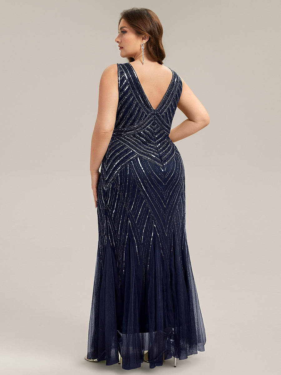 Tüll Bodenlang Ärmellos Zeitgemäßes Produktdetail Design Ausführung Moderne abendkleid #Farbe_Marineblau