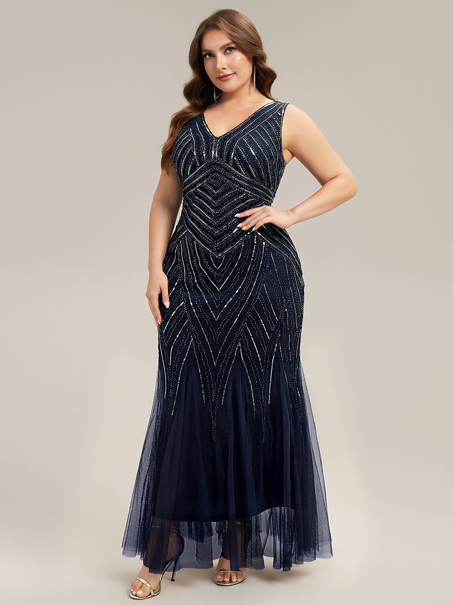 Tüll Bodenlang Ärmellos Zeitgemäßes Produktdetail Design Ausführung Moderne abendkleid #Farbe_Marineblau