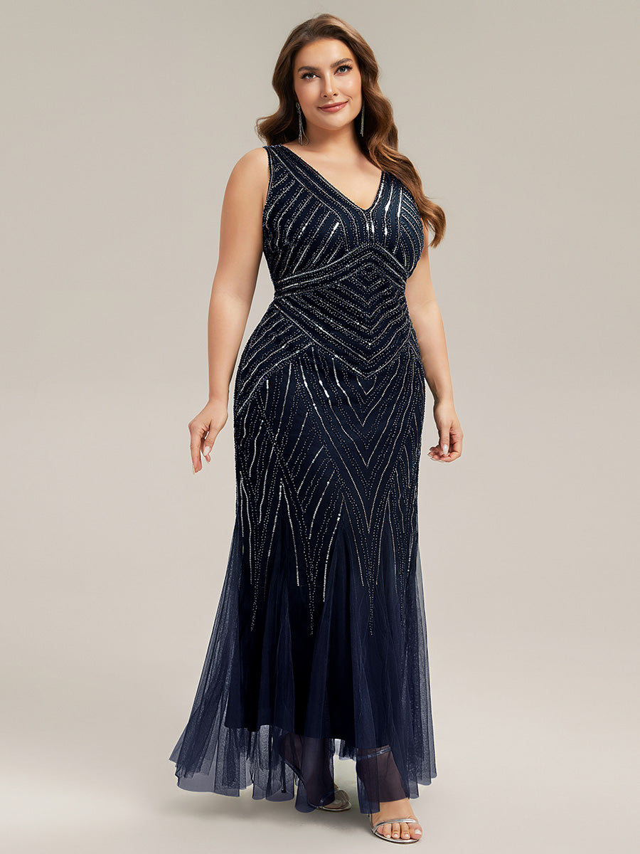 Tüll Bodenlang Ärmellos Zeitgemäßes Produktdetail Design Ausführung Moderne abendkleid #Farbe_Marineblau