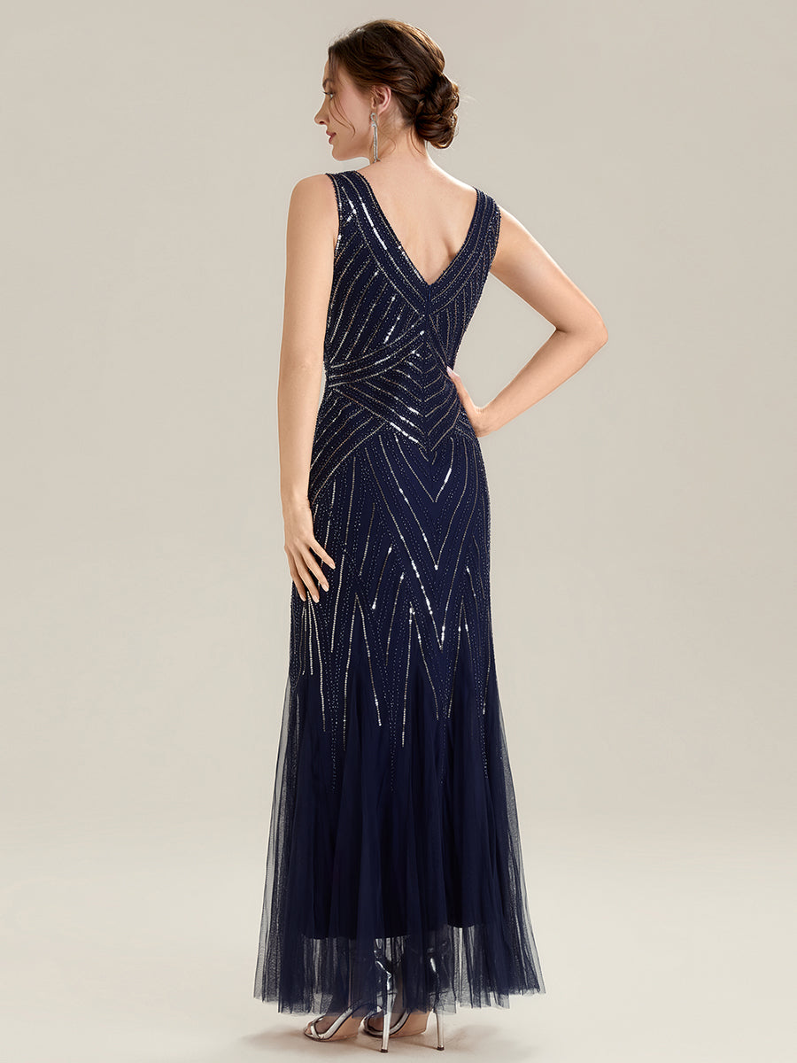 Tüll Bodenlang Ärmellos Zeitgemäßes Produktdetail Design Ausführung Moderne abendkleid #Farbe_Marineblau