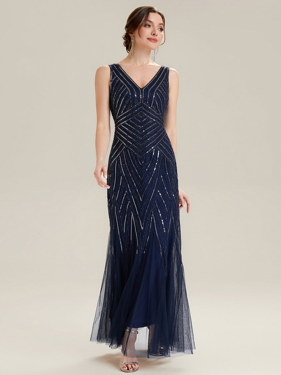 Tüll Bodenlang Ärmellos Zeitgemäßes Produktdetail Design Ausführung Moderne abendkleid #Farbe_Marineblau