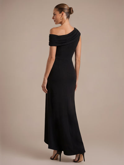 Asymmetrischer Saum Kleid Schulterfreier Ausschnitt Meerjungfrau Schnitt Krepp Schlitz Volants #Farbe_Schwarz