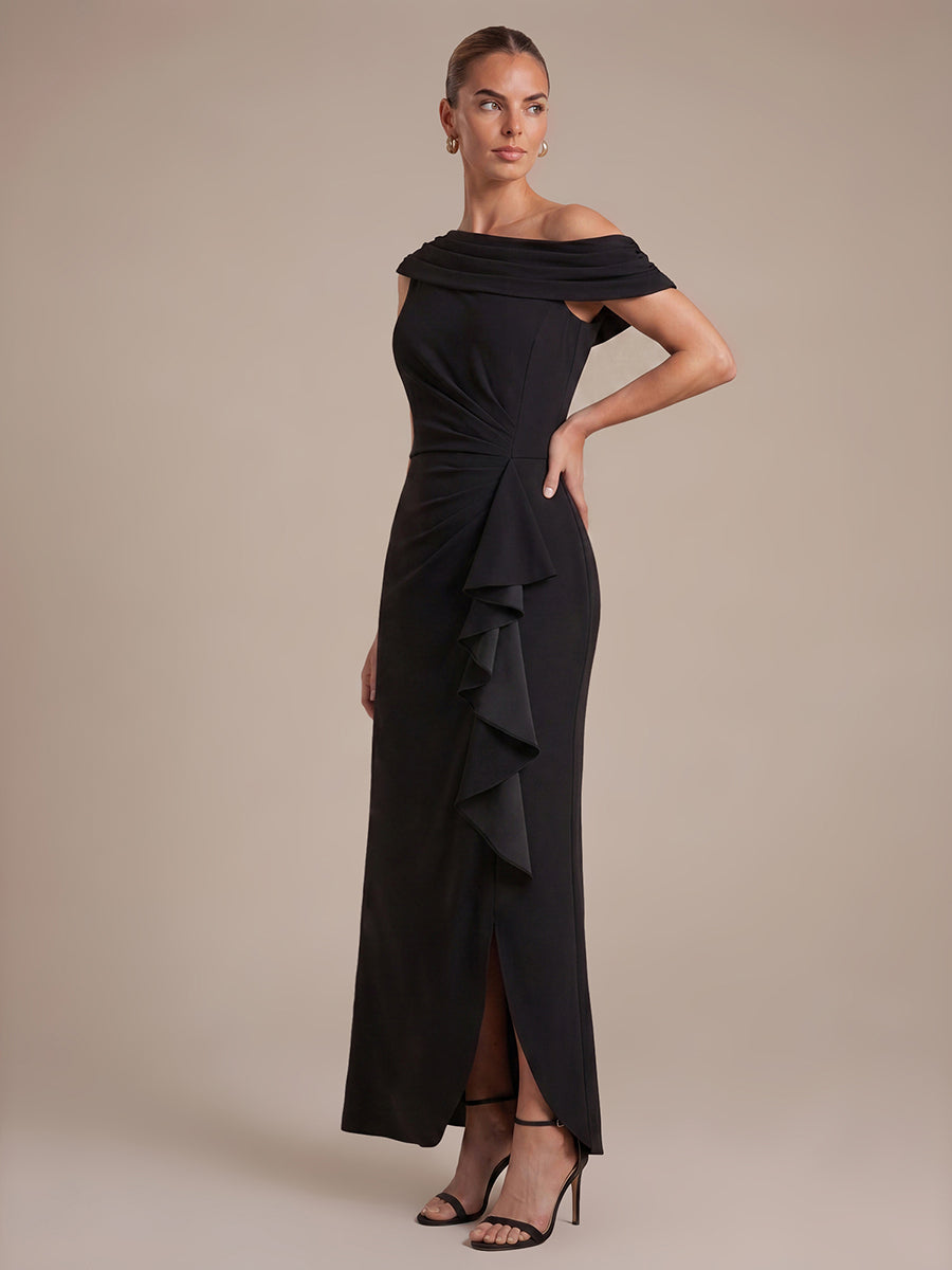 Asymmetrischer Saum Kleid Schulterfreier Ausschnitt Meerjungfrau Schnitt Krepp Schlitz Volants #Farbe_Schwarz