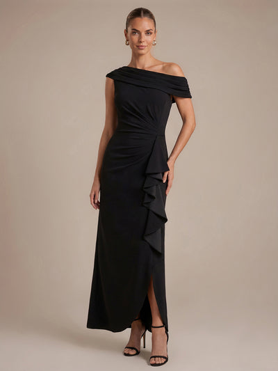 Asymmetrischer Saum Kleid Schulterfreier Ausschnitt Meerjungfrau Schnitt Krepp Schlitz Volants #Farbe_Schwarz