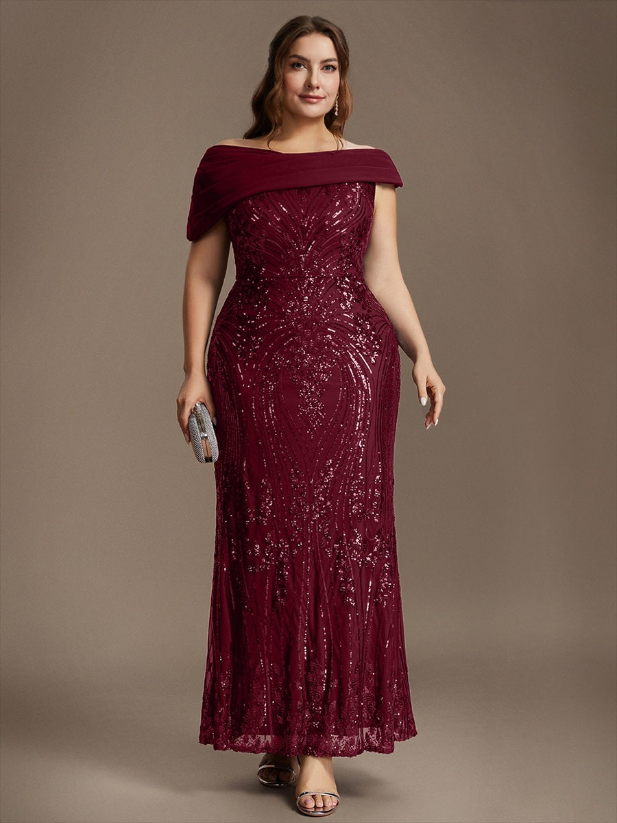 Maxilänge Asymmetrischer Ausschnitt Figurbetontes Kleid Aus Pailletten Für Glamourösen Look #Farbe_Burgunderrot