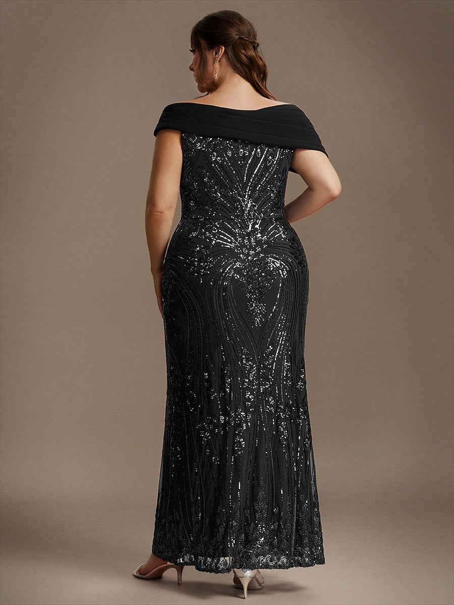 Maxilänge Asymmetrischer Ausschnitt Figurbetontes Kleid Aus Pailletten Für Glamourösen Look #Farbe_Schwarz