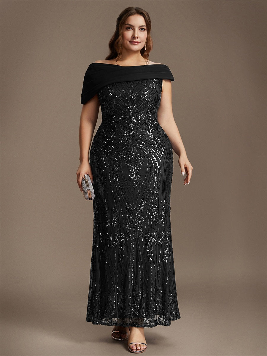Maxilänge Asymmetrischer Ausschnitt Figurbetontes Kleid Aus Pailletten Für Glamourösen Look #Farbe_Schwarz
