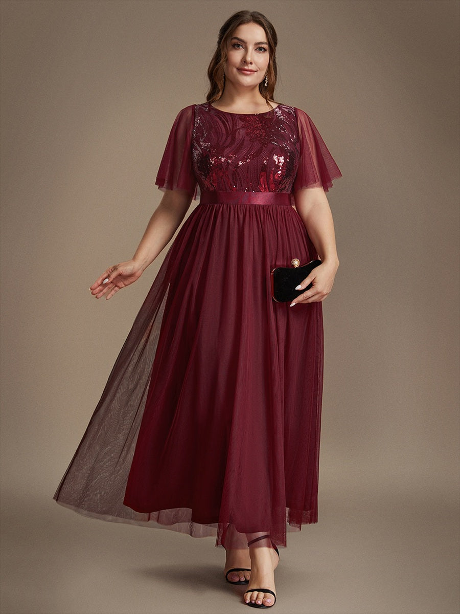Maxilänge A-Linien Kleid Runder Ausschnitt Tüll Pailletten Glamouröser Look #Farbe_Burgunderrot