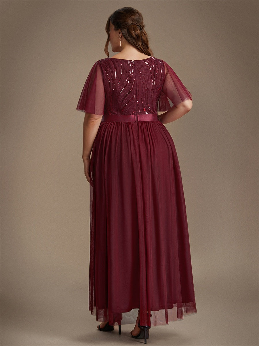 Maxilänge A-Linien Kleid Runder Ausschnitt Tüll Pailletten Glamouröser Look #Farbe_Burgunderrot