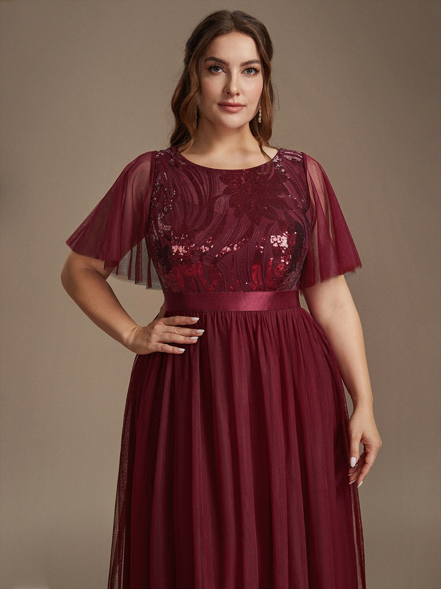 Maxilänge A-Linien Kleid Runder Ausschnitt Tüll Pailletten Glamouröser Look #Farbe_Burgunderrot