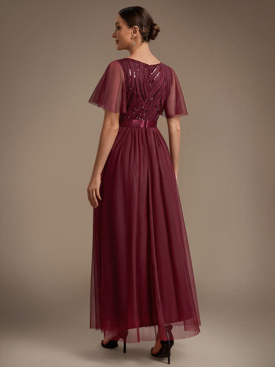 Maxilänge A-Linien Kleid Runder Ausschnitt Tüll Pailletten Glamouröser Look #Farbe_Burgunderrot