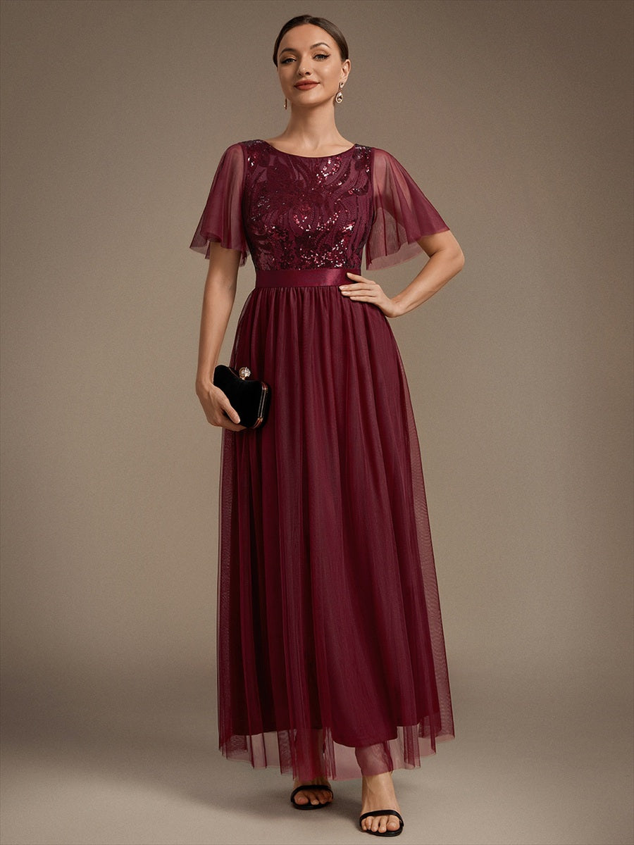 Maxilänge A-Linien Kleid Runder Ausschnitt Tüll Pailletten Glamouröser Look #Farbe_Burgunderrot