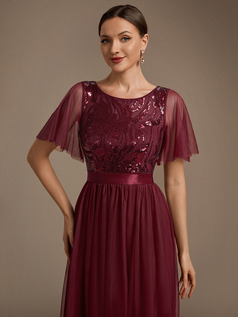 Maxilänge A-Linien Kleid Runder Ausschnitt Tüll Pailletten Glamouröser Look #Farbe_Burgunderrot