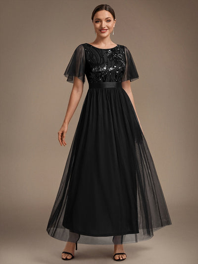 Maxilänge A-Linien Kleid Runder Ausschnitt Tüll Pailletten Glamouröser Look #Farbe_Schwarz
