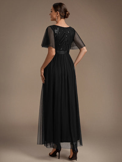 Maxilänge A-Linien Kleid Runder Ausschnitt Tüll Pailletten Glamouröser Look #Farbe_Schwarz